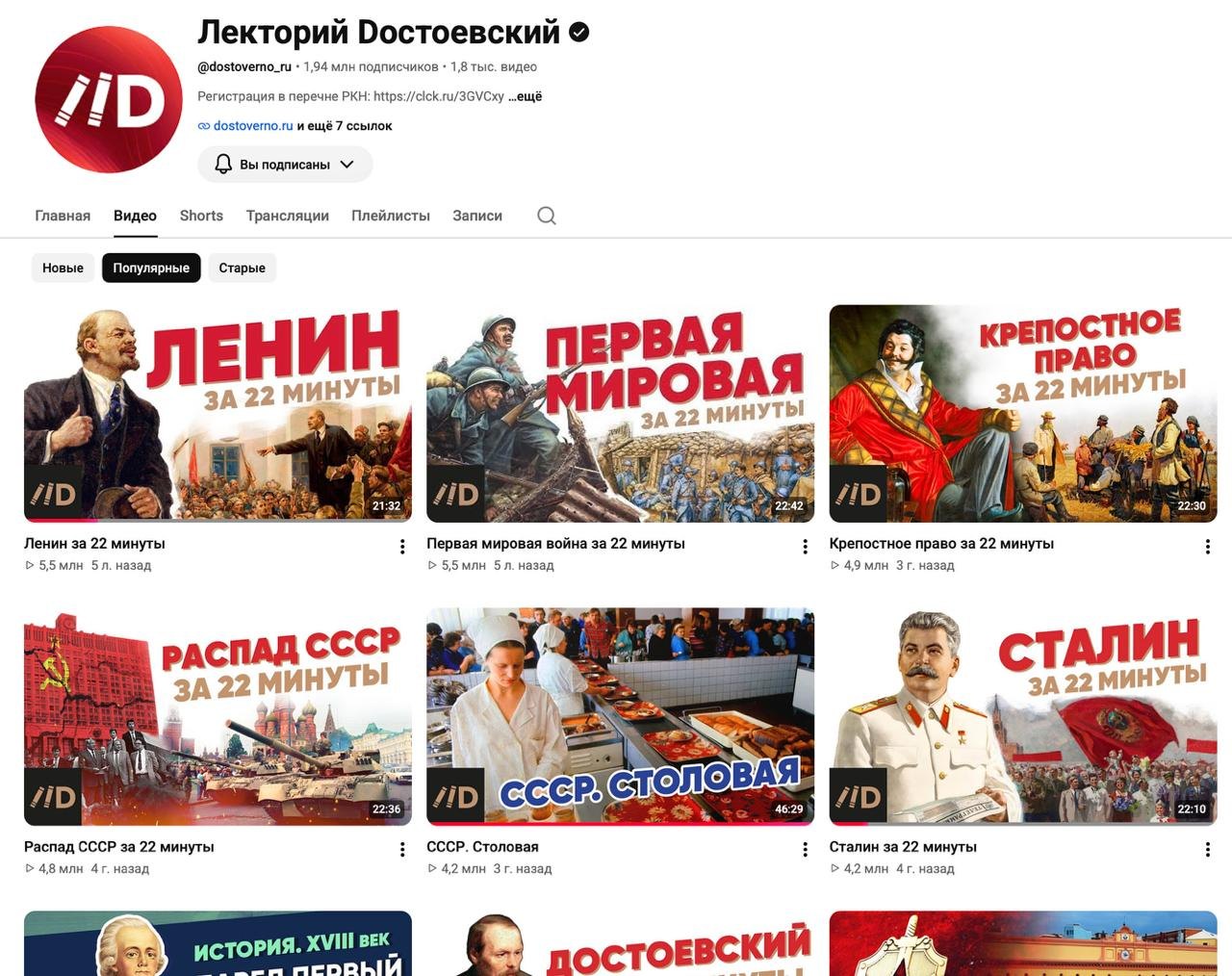 YouTube-канал Лектория «Достоевский»: популярные ролики